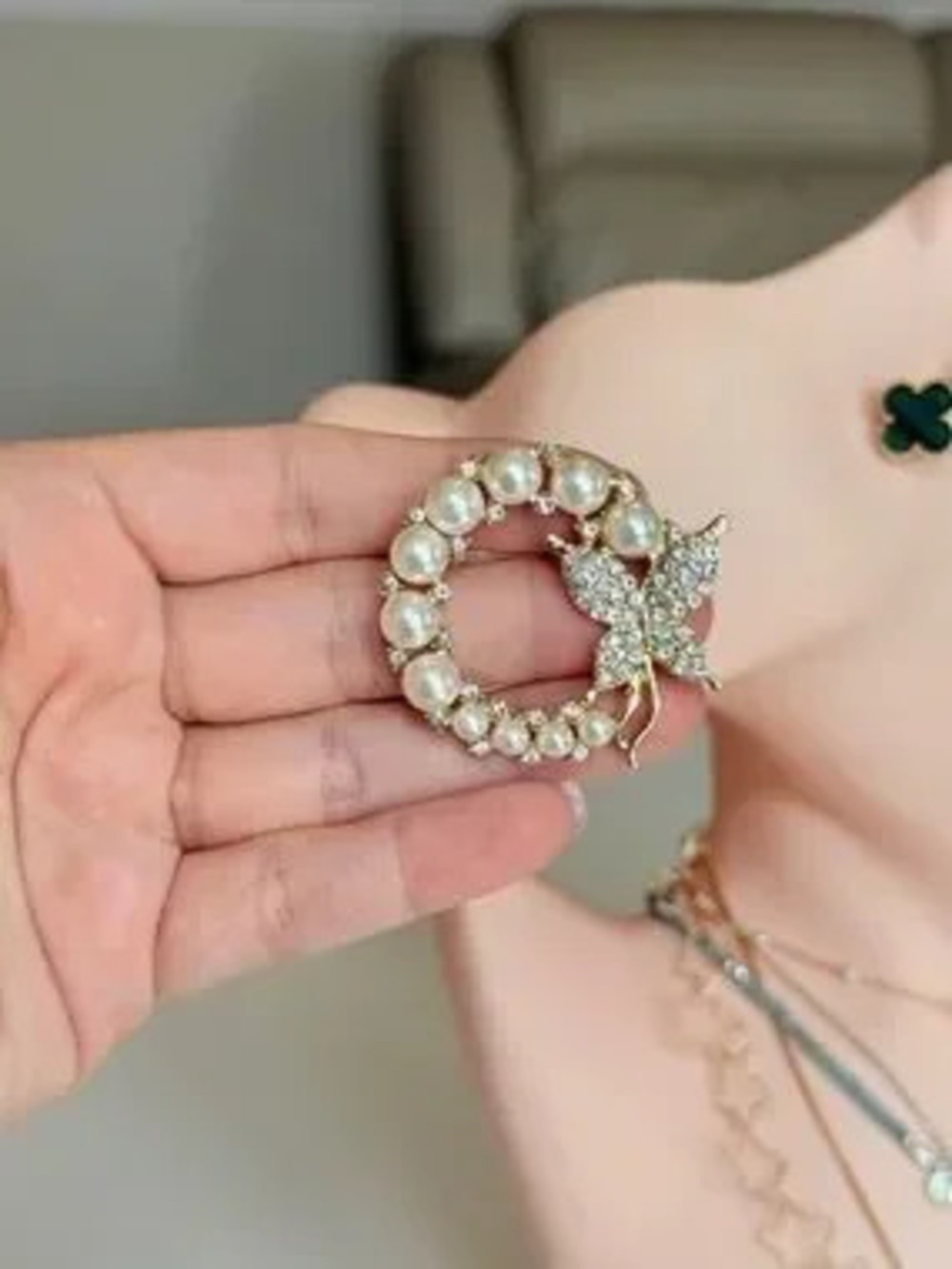 Elegant Pearl and Crystal Butterfly Brooch